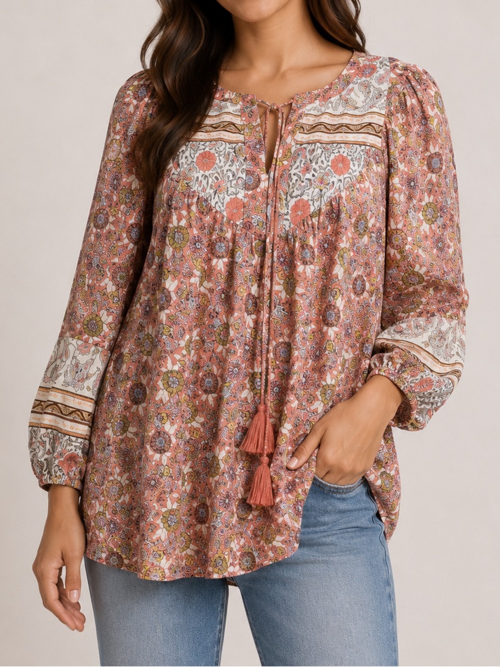 Jane & Delancey Mixed Floral Bohemian Top v-neckline tassel ties retro  small